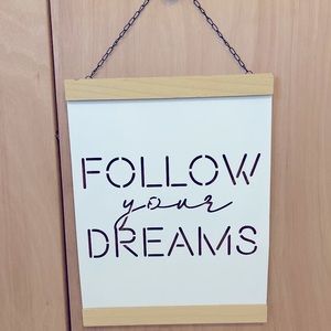 Wall Decor with optional hook for hanging or chain. Metal with wood frame.